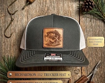Bass Fish Leather Patch Hat – Richardson 112 Trucker Hat, Camo Fishing Hat, Custom Baseball Cap, Gift for Dad or Husband, Christmas Gift