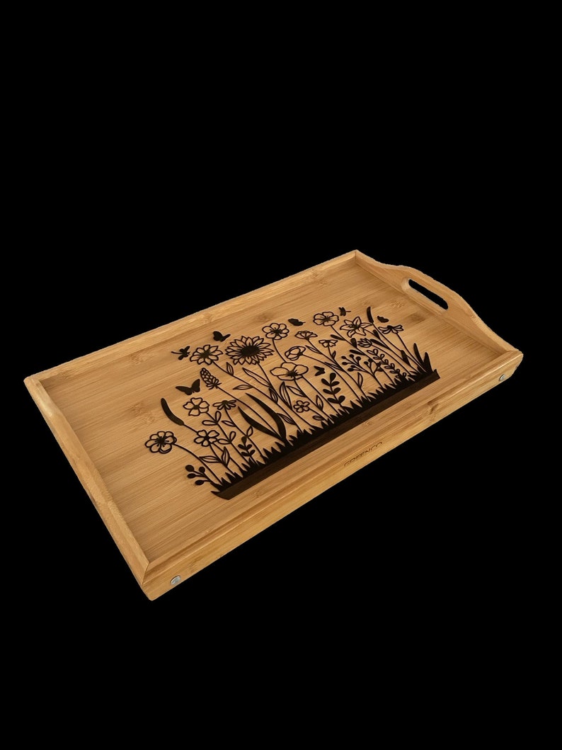 Laser Engraved Bamboo Serving Tray with Flower Art - Thumbnail 3
