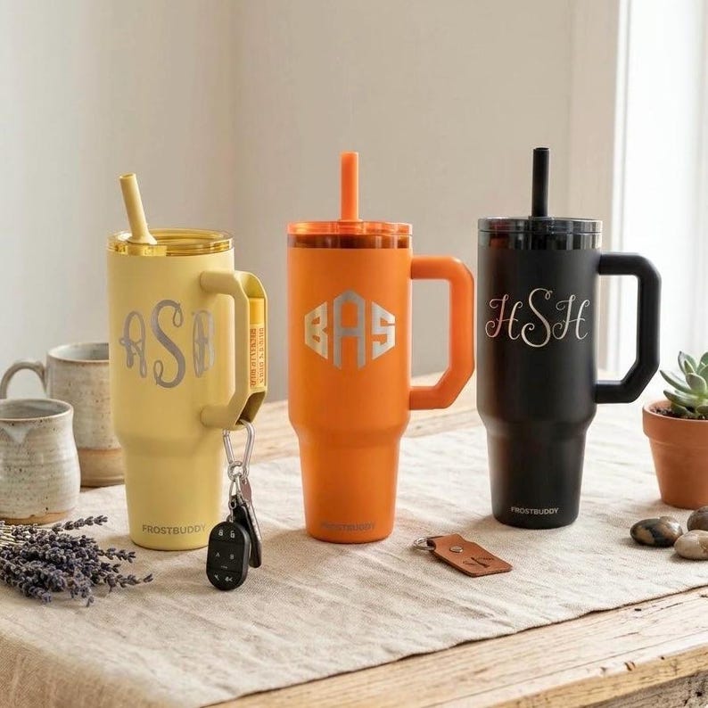 May include: Three personalized insulated tumblers in yellow, orange, and black, each with a handle and straw. The tumblers feature custom initials and the brand name "Frostbuddy". Accessories like keys and a leather tag are attached.