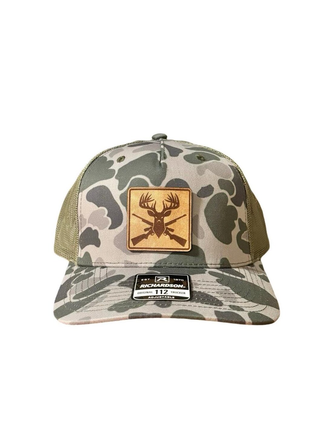 GRAY/WHITE HAT - DEER BROWN LEATHER PATCH