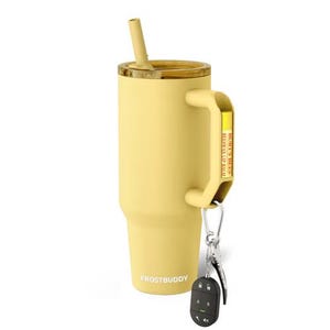 May include: A yellow insulated tumbler with a handle, straw, and lid. A silver carabiner clip holds keys and a remote. The handle has a Burt's Bees lip balm attached. The tumbler has the word "FROSTBUDDY" printed on it.