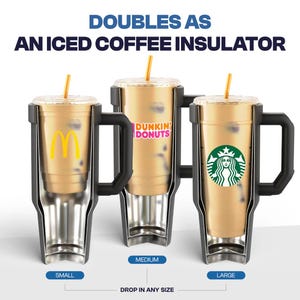 May include: An iced coffee insulator with three different sizes: small, medium, and large. The small size has a McDonald's logo, the medium size has a Dunkin' Donuts logo, and the large size has a Starbucks logo. The text says "Doubles as an iced coffee insulator."
