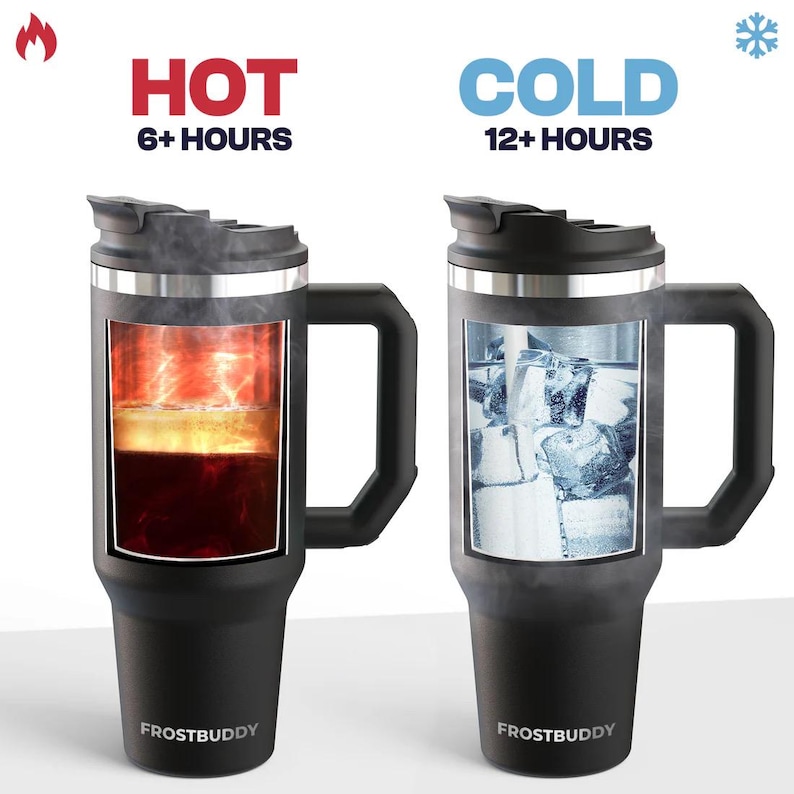 May include: Black insulated travel mug with a handle, labeled "FROSTBUDDY." One side shows hot liquid, the other ice. Text reads "HOT 6+ HOURS" and "COLD 12+ HOURS."