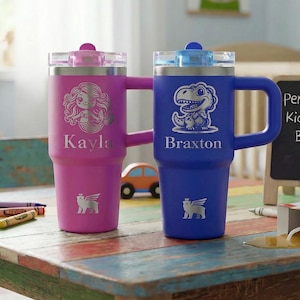 Personalized Kids Stanley Quencher | Custom Engraved Water Bottle w/ Name and Design | Leak Proof Lid | 14oz & 20oz Tumbler | Kids Cup image 1