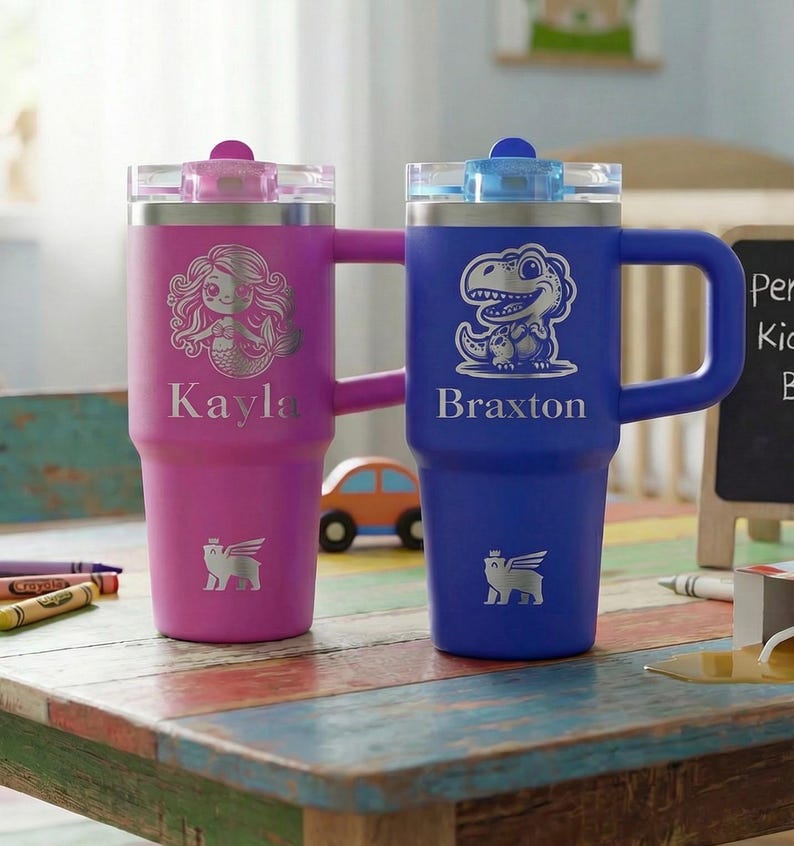 Personalized Kids Stanley Quencher | Custom Engraved Water Bottle w/ Name and Design | Leak Proof Lid | 14oz & 20oz Tumbler | Kids Cup image 1