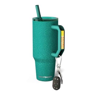 May include: A teal insulated tumbler with a handle and a matching straw. The tumbler has a speckled texture and the word "FROSTBUDDY" printed on the side. A key fob and a small tag that says "BURT'S BEES BEESWAX LIP BALM" are attached to the handle.