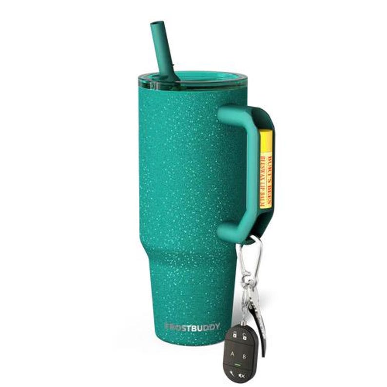 May include: A teal insulated tumbler with a handle and a matching straw. The tumbler has a speckled texture and the word "FROSTBUDDY" printed on the side. A key fob and a small tag that says "BURT'S BEES BEESWAX LIP BALM" are attached to the handle.