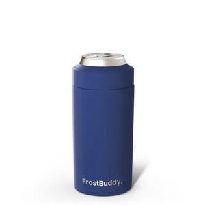 Puede incluir: Un enfriador de latas aislado en color azul marino mate con un borde plateado en la parte superior. El recipiente cil&iacute;ndrico presenta el texto blanco FrostBuddy impreso cerca de la base. El dise&ntilde;o es elegante y vertical para una lata.