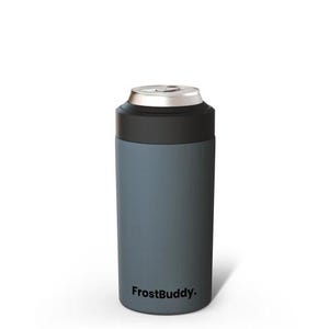 Puede incluir: Un enfriador de latas aislado en color azul pizarra mate con un borde negro y una parte superior de metal plateado. El nombre de la marca FrostBuddy est&aacute; impreso en letras negras cerca de la base del recipiente cil&iacute;ndrico para latas.