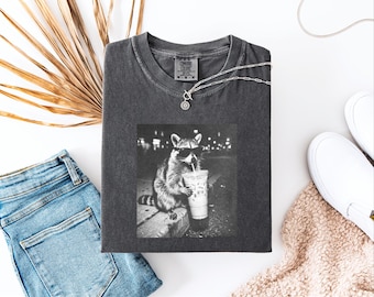 Funny Animal Meme Tee, Coffee Lover Raccoon Shirt, Raccoon Drinking Iced Coffee Shirt, Funny Raccoon Drinking Iced Coffee T-Shirt