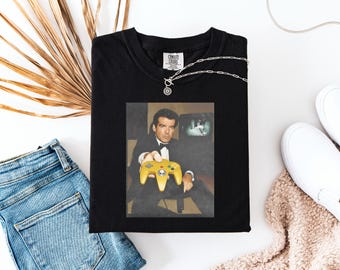 Funny Golden Eye 007 Unisex Garment-Dyed T-shirt Retro Gamer Gift N64 Controller Shirt James Bond Gaming Tee Video Game Clothing