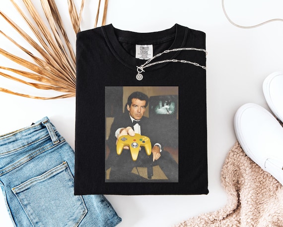 Funny Golden Eye 007 Unisex Garment-Dyed T-shirt Retro Gamer Gift N64 Controller Shirt James Bond Gaming Tee Video Game Clothing