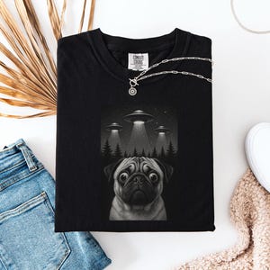 Peut inclure: T-shirt noir avec un motif en niveaux de gris d'un carlin regardant trois ovnis au-dessus d'une forêt. Un collier argenté est posé sur le t-shirt. Le t-shirt porte le texte "COMFORT COLORS" sur l'étiquette.