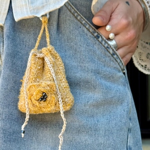 Handmade Tussah Silk Crochet Pouches – Boho Keychain Bag with Flower – Small Natural Fiber Storage for Earbuds, Crystals, Coins