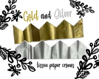 Gold Paper Crowns, Silver Paper Crowns, Tissue Paper party hats, DIY Christmas Cracker crowns, Photo Booth prop, Christmas crowns, handmade