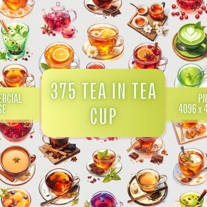 375 Acuarela Herbal Tea Time Clipart Bundle PNG Uso comercial / Té de frutas en taza Clip Art Sublimación Imagen transparente