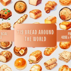 719 Watercolor Bread Bakery Clipart Bundle PNG Commercial Use | French Baguette, Rolls, Croissant, Pastry Sublimation Transparent Image