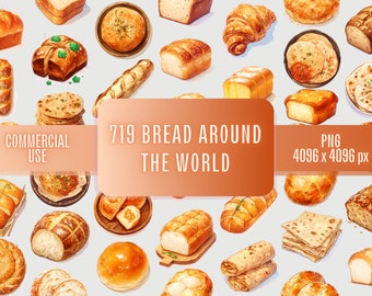 Watercolor Bakery Clipart Bundle | Bread, Baguette, Pastries (PNG)