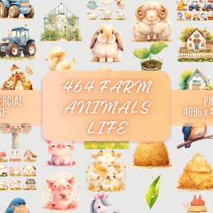 464 Cute Watercolor Farm Animals Life Nursery Clipart Bundle PNG Commercial Use | Farm Animals Sublimation Transparent Image