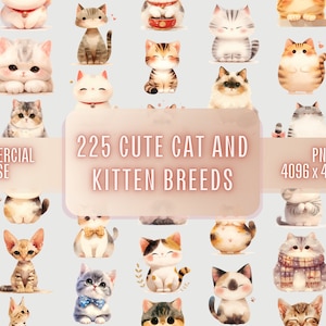 225 Cute Kitten And Cat Clipart Bundle PNG Commercial Use | Watercolor Animals Cats Clip Art Sublimation Transparent Image
