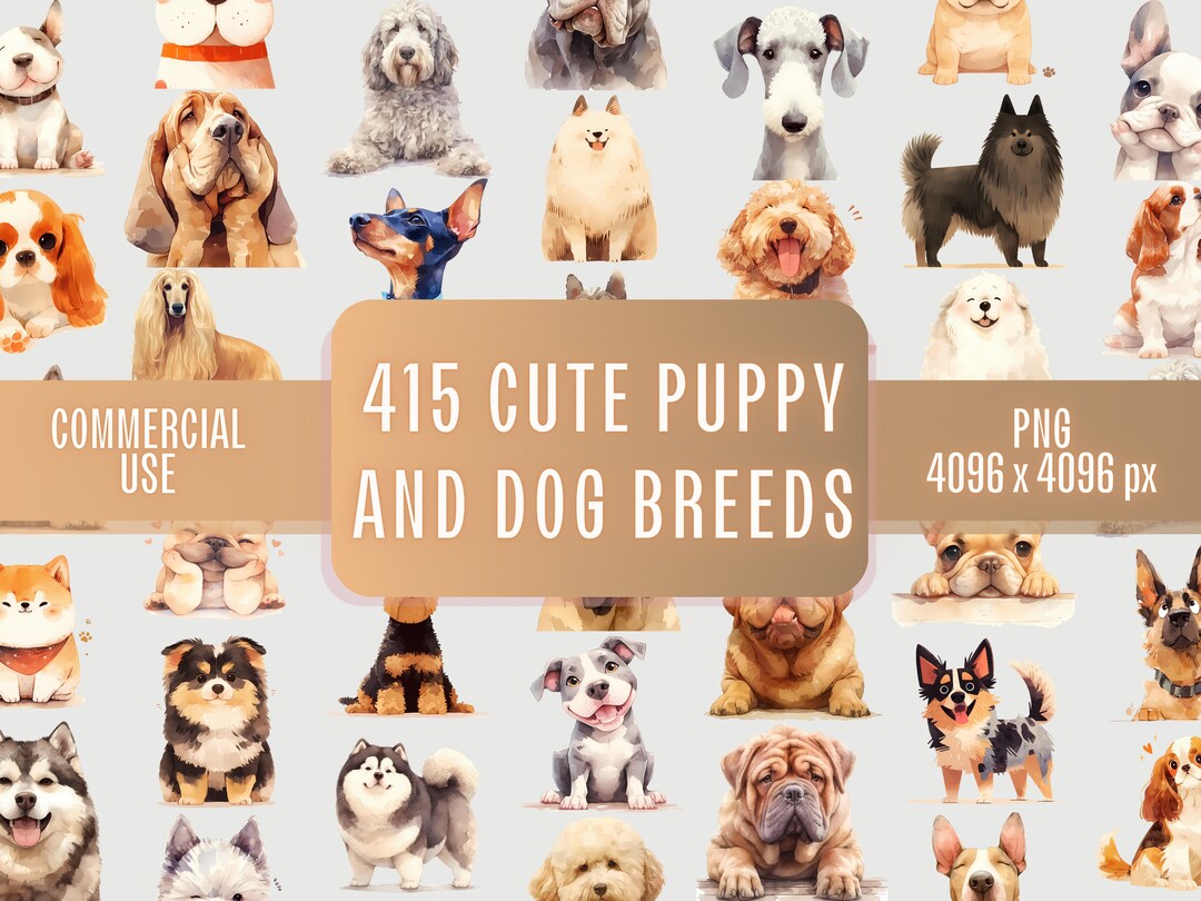 Watercolor Puppy & Dog Breeds Clipart Bundle | 415 PNG Images ...