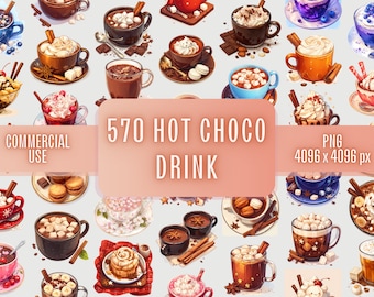 Watercolor Hot Chocolate Clipart Bundle: 570 PNG Images (Commercial Use)