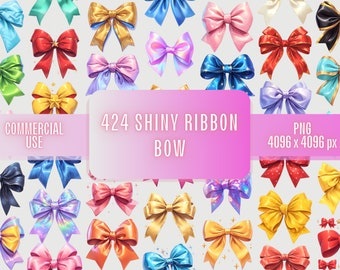681 Shiny Ribbon Bow Clipart Bundle PNG Commercial Use | Pink Yellow Green Red Blue Clolorful Bow Clip Art Sublimation Transparent Image