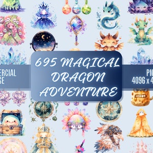 695 Cute Watercolor Magical Dragons Adventure Clipart Bundle PNG Commercial Use | Illustration Fairy Tale Kingdom Clip Art Sublimation