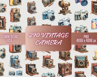May include: Watercolor illustrations of various vintage cameras in shades of brown, blue, and yellow. The image includes a banner that reads "290 Vintage Camera" and "Commercial Use". The image is a PNG file with dimensions of 4096 x 4096 px.