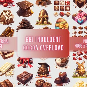 Może przedstawiać: Kolekcja różnych czekoladowych smakołyków, w tym batony, trufle i zdobione czekoladowe jajka. Obraz zawiera tekst "681 Indulgent Cocoa Overload" i "Commercial Use".