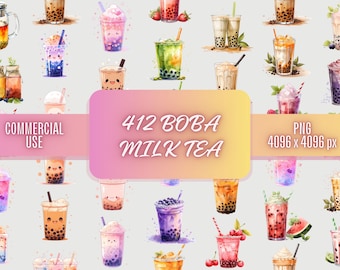 Watercolor Kawaii Bubble Tea Clipart | Boba Milk Tea PNG (Digital Download)
