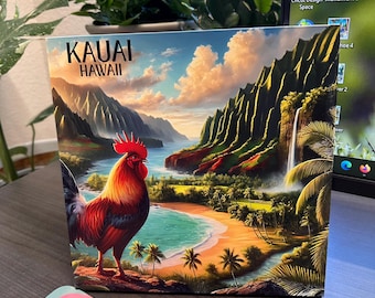 Kauai Rooster Wood Art | Textured Tropical Na Pali Coast Print 8x8