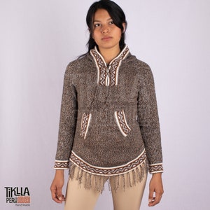 Alpaca Wool Trout Pattern Sweater Hoodie Handmade Natural Colors Fine Alpaca Pullover Fringe Jumper
