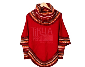 Knitted Turtleneck Poncho Cape Red Superfine Alpaca Wool Women, Poncho Sweater Women Warm Soft