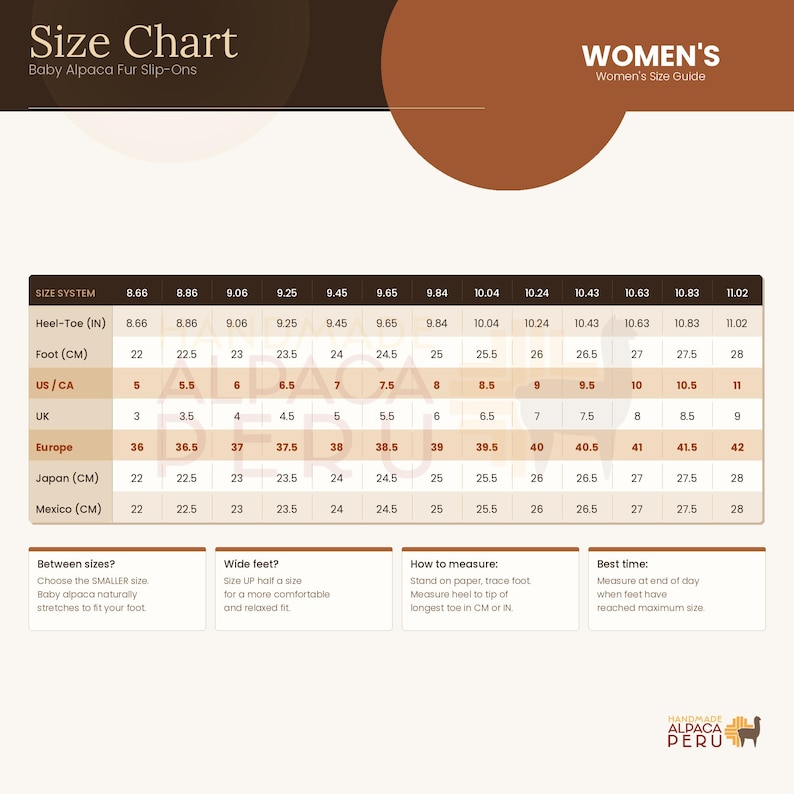 May include: A size chart for women's Baby Alpaca Fur Slip-Ons. The chart includes measurements in inches and centimeters, with corresponding sizes for US/CA, UK, Europe, Japan, and Mexico. Instructions are included.