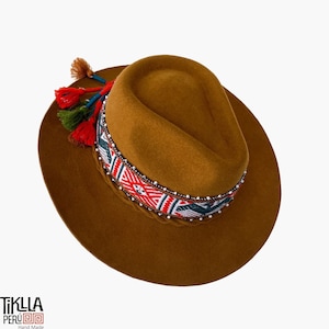 White Andean hat, Fedora hat, Peruvian artisan hat, mixed felt and alpaca hat, Inka-q&#39;ero woven band hat, sustainable hat