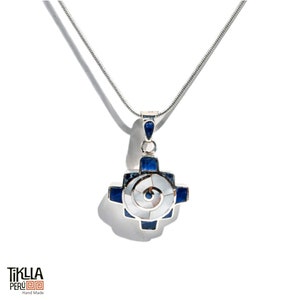 Peruvian Chakana Spiral Pendant Necklace - 950 Sterling Silver Shell Inlay, Peruvian