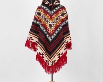 Alpaka-Poncho für Herren mit Kapuze, roter und schwarzer Winterumhang, festliche Oberbekleidung mit Fransen