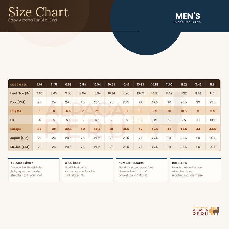 May include: Size chart for Baby Alpaca Fur Slip-Ons. Includes measurements in inches and centimeters for US/CA, UK, Europe, Japan, and Mexico. Provides instructions on how to measure feet and choose the correct size.