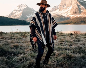 Men's Alpaca Wool Hooded Poncho, Warm Peruvian Outdoor Cape