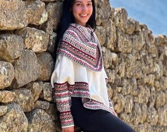 Poncho blanc avec manches en alpaga, pull à col roulé rose andin pour femme