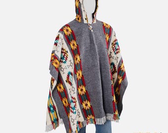 Geometric Poncho with Hood, Alpaca Wool Blend, Gray Andean Style, Handmade in Peru
