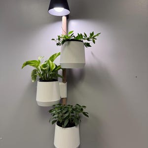 Op de afbeelding: Een moderne wandplantenstandaard met drie witte, geribbelde plantenbakken en een zwarte lamp. De plantenbakken bevatten diverse groene planten. De standaard is gemaakt van hout en is bevestigd aan een grijze muur. De lamp bevindt zich boven de bovenste plantenbak.
