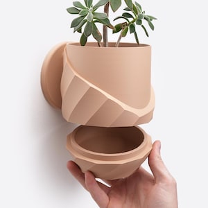 May include: A beige geometric planter with a removable bottom section. The planter is mounted to a wall and has a small succulent plant growing inside.