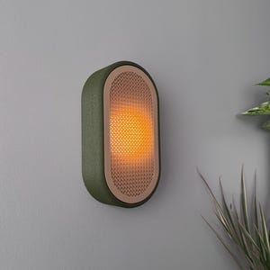 Könnte beinhalten: Grüne und beige ovale Wandleuchte. Die Vorderseite der Leuchte hat ein strukturiertes, gewebtes Aussehen und strahlt ein warmes, orangefarbenes Licht aus. An einer grauen Wand montiert, mit einer Pflanze in einem blauen Topf im Hintergrund.