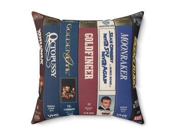 James Bond 007 VHS Collection Pillow, James Bond Decor, James bond pillow, 007 pillow, 007 Gifts, Movie Pillows, VHS Movie gifts, VHS Movies