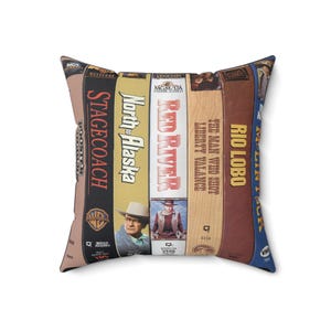 Vintage John Wayne VHS Movie Collection Spine Pillow, Cozy Duke Cushion for Classic Movie Fans, Home Decor Accent, Western Film Lover Gift