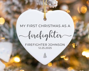 Enfeite de Natal de cerâmica personalizado com nome e data: Presente de formatura para o primeiro Natal como bombeiro