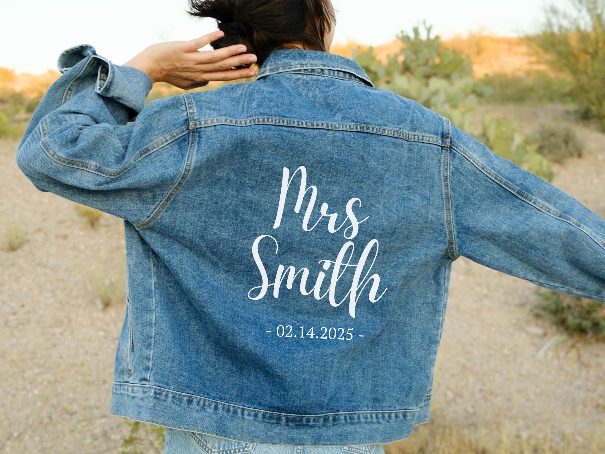 Personalized Bridal Wedding Jean Jacket, Custom Mrs Denim Jacket Engagement Gift for Bride with Name & Date, Personalized Bride Denim Jacket