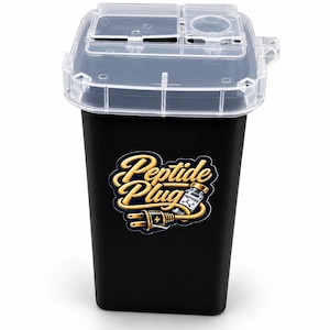 May include: A black rectangular sharps container with a clear plastic hinged lid. The front features a graphic logo with the text Peptide Plug in gold script, accompanied by an illustration of an electrical plug and a small glass vial.